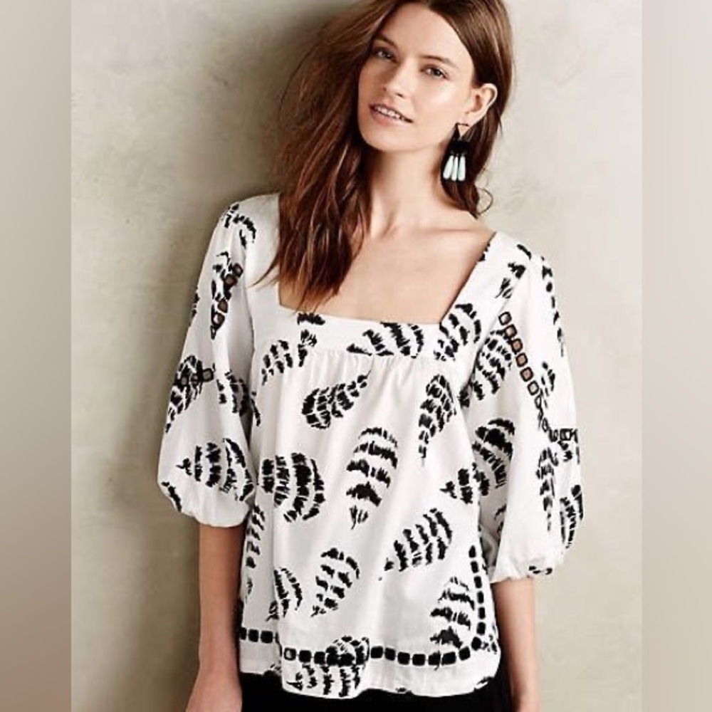 Anthropologie Sam & Laci black and white square neck peasant feather blouse